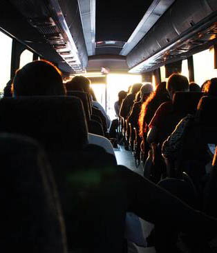 Numerous seats in a charter bus rental